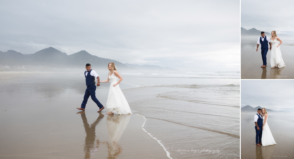 wedding couple running on the beach on the oregon coast