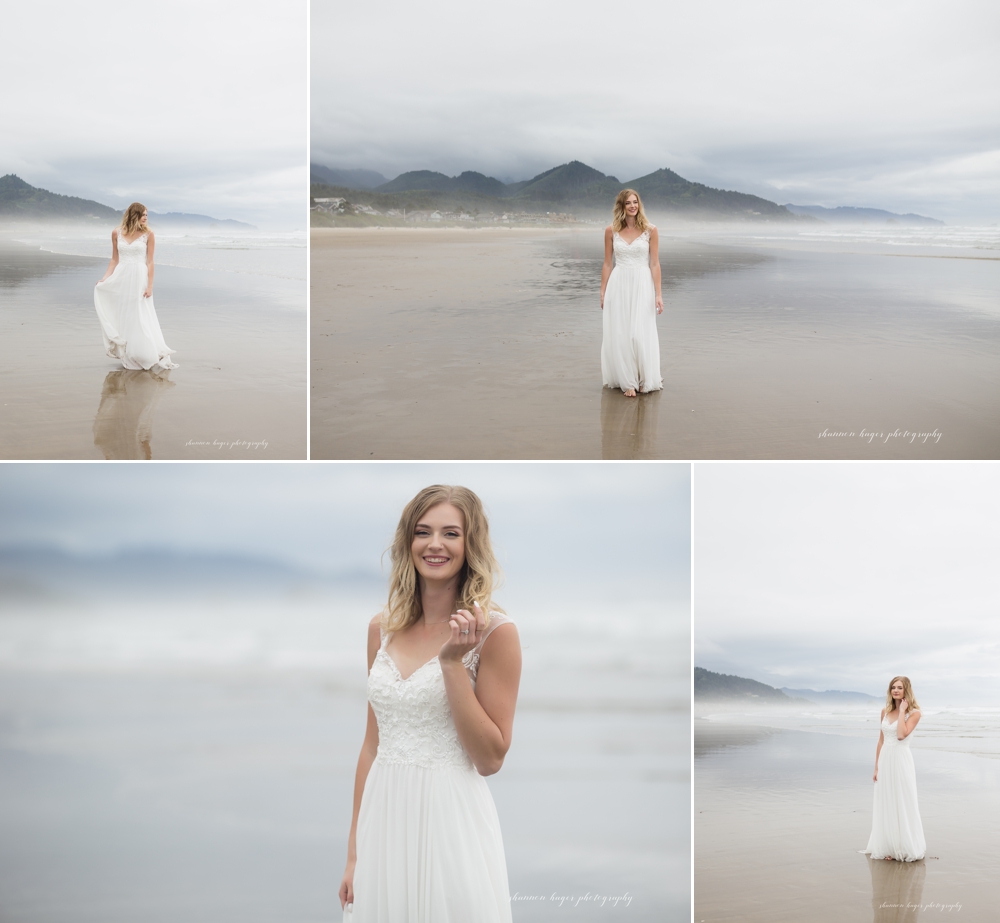 bride at cannon beach wedding in front of haystack rock