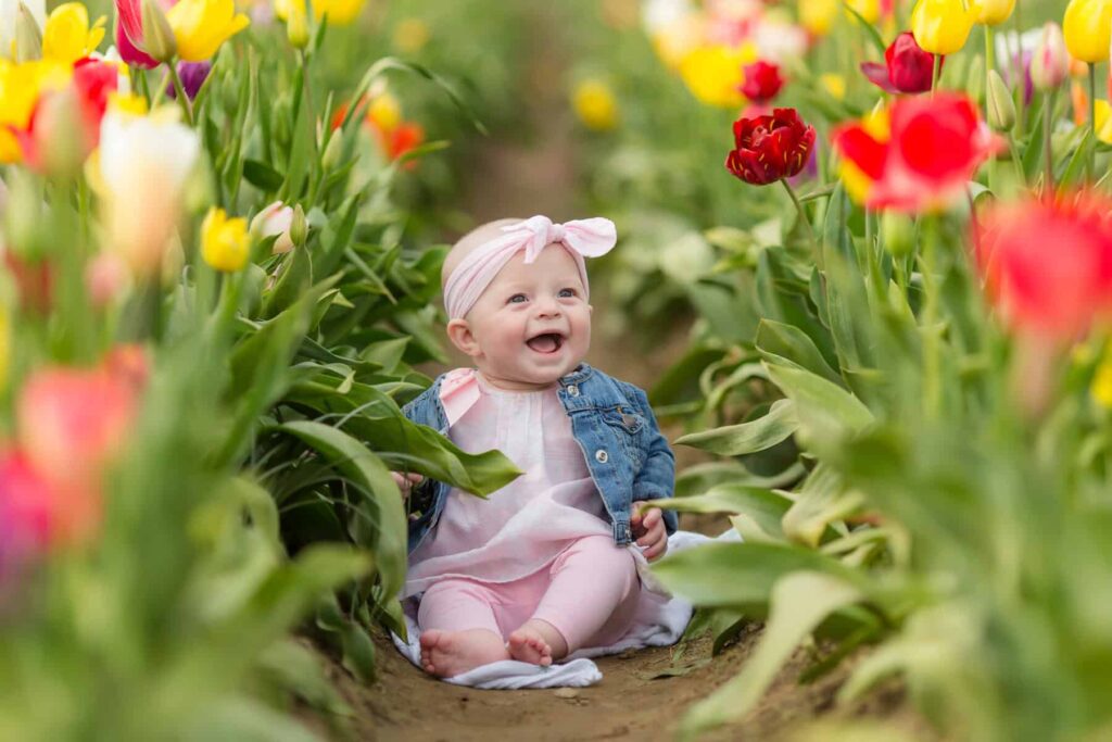 baby in oregon tulip field