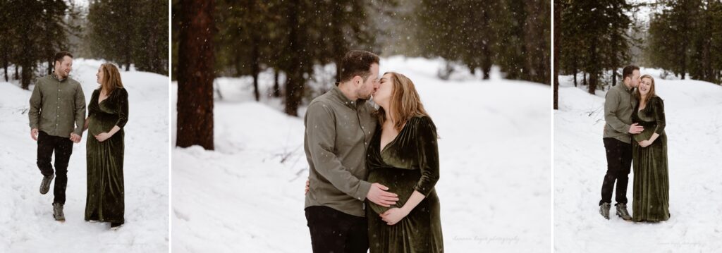 snowy maternity photos at mt hood
