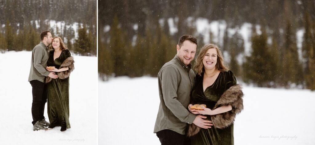 snowy maternity photos at mt hood