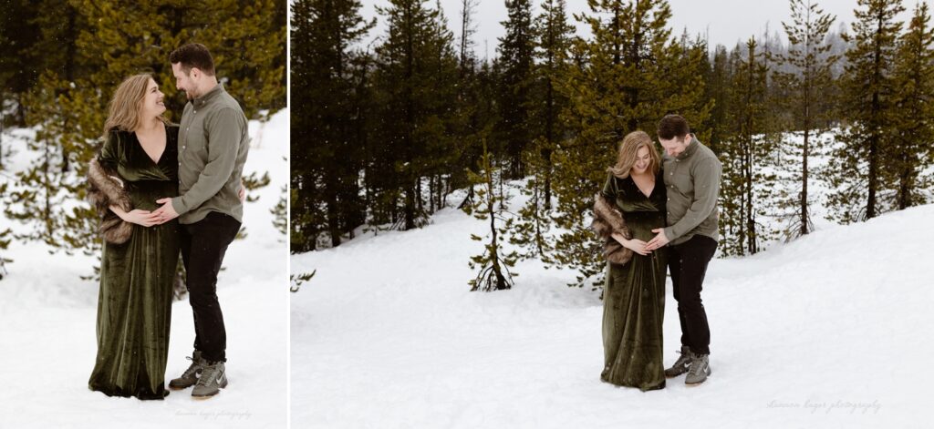 snowy maternity photos at mt hood