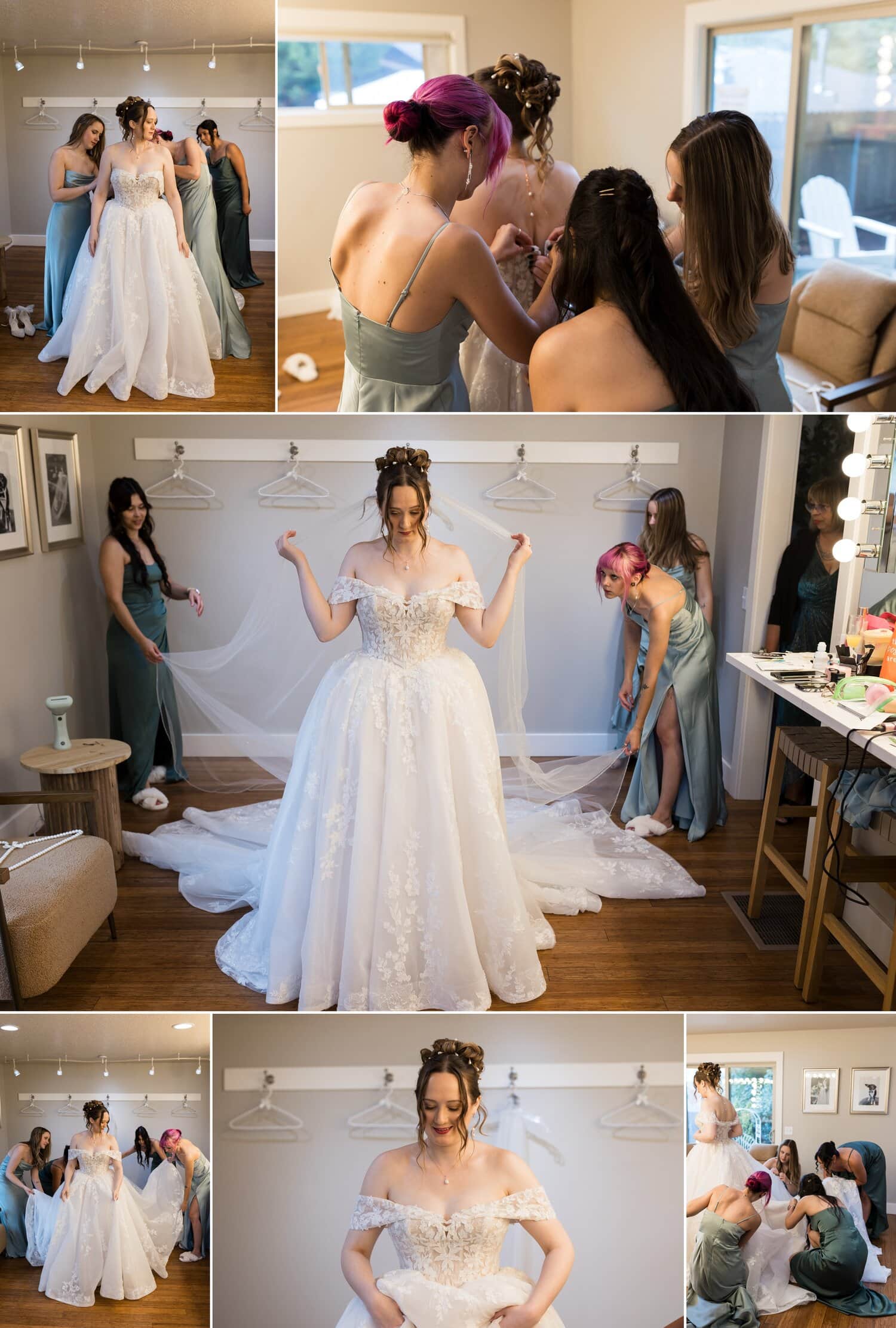bride getting ready with bridesmaids