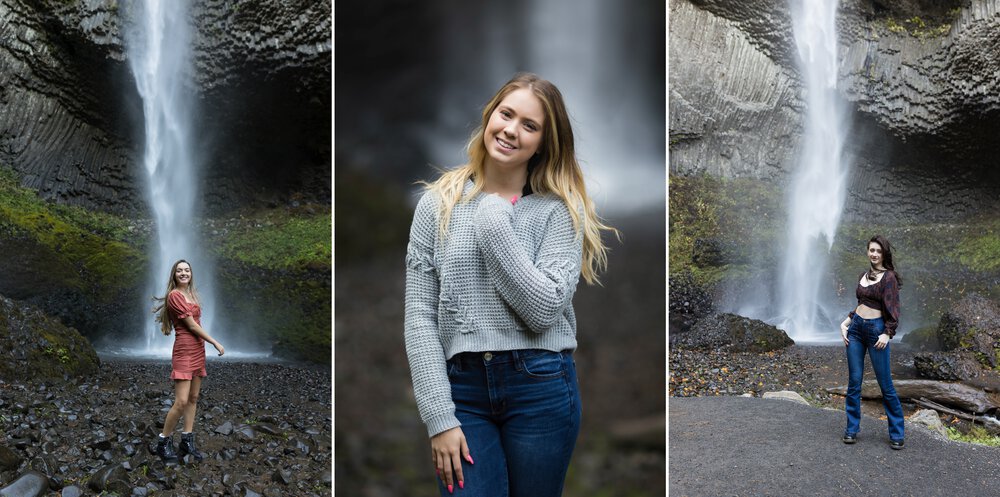 senior photos in front of waterfalls in Oregon