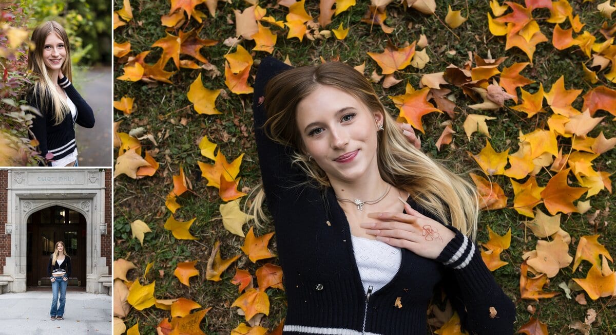 senior photos in the leaves at Reed College